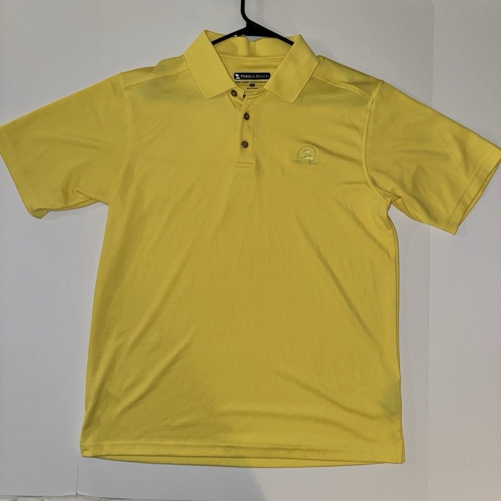 Mens Medium Pebble Beach Polo Shirt Yellow Excellent Dry-Luxe Performance Golf‎